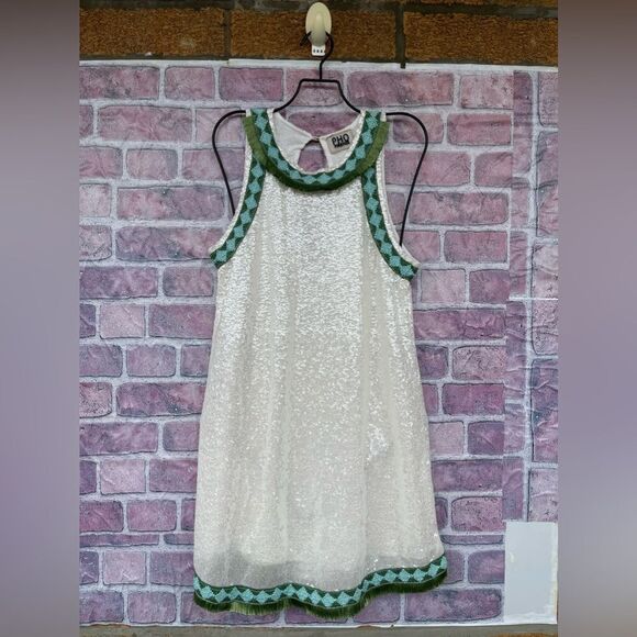 PHO FIRENZE WHITE SEQUIN MINI DRESS WITH DECORATED PROFILES XS - Picture 6 of 17